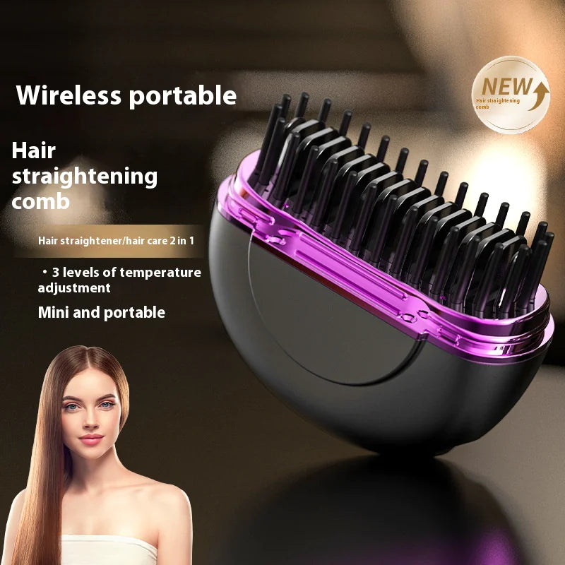 Wireless portable hair straightening comb with a woman's face on a dark background