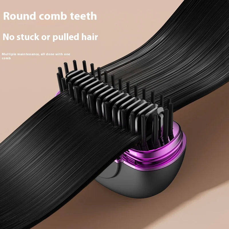 Hair comb with round teeth interacting with black hair on a beige background
