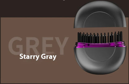Hairbrush with black bristles and purple handle on a brown background with 'Starry Gray' text.