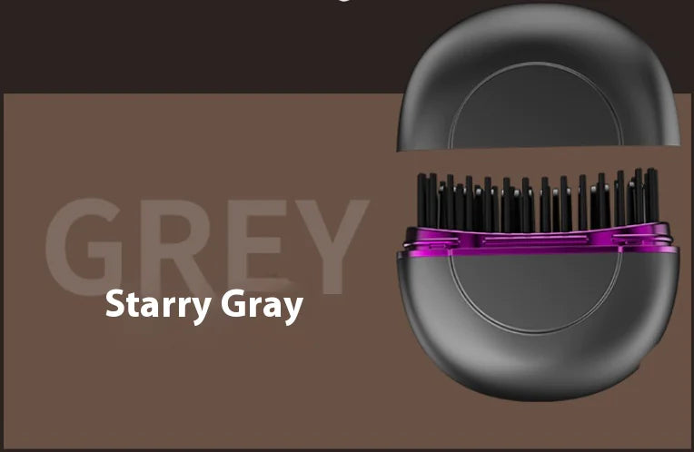 Hairbrush with black bristles and purple handle on a brown background with 'Starry Gray' text.