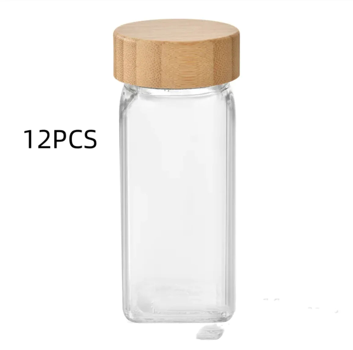 Clear glass container with a wooden lid on a white background, labeled '12PCS'.