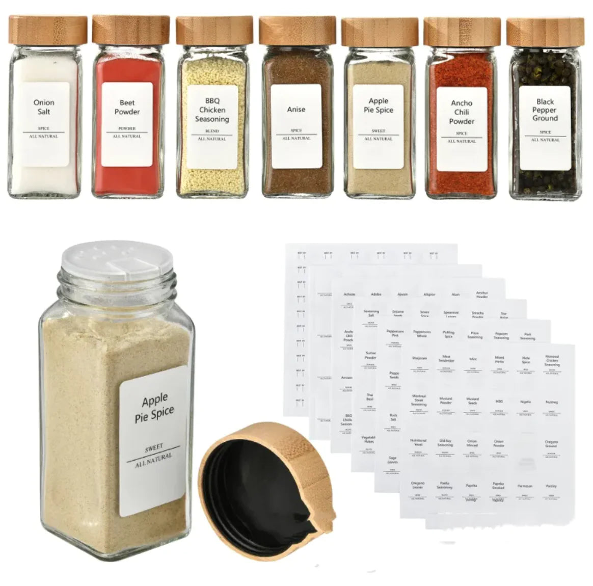Collection of spice jars with labels, a large jar of apple pie spice, and a small scoop on a white background.