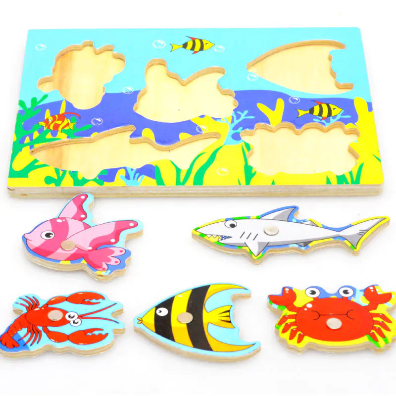 Colorful wooden puzzle with sea-themed pieces on a white background
