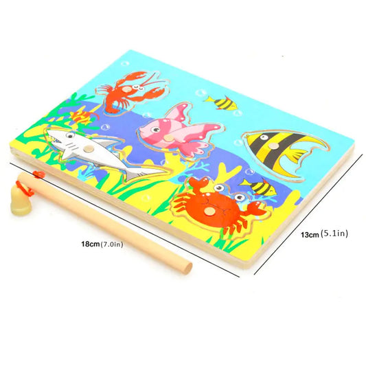 Colorful wooden puzzle with marine animal illustrations and a fishing rod on a white background.