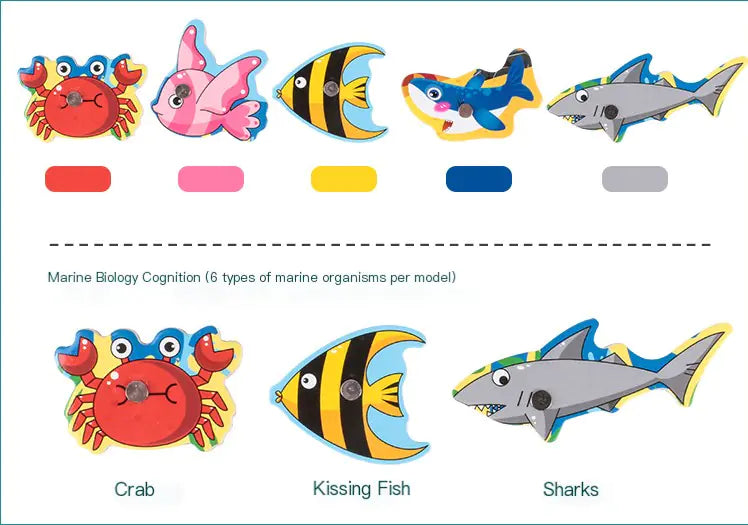 Colorful illustrations of marine organisms including a crab, kissing fish, and sharks on a white background.