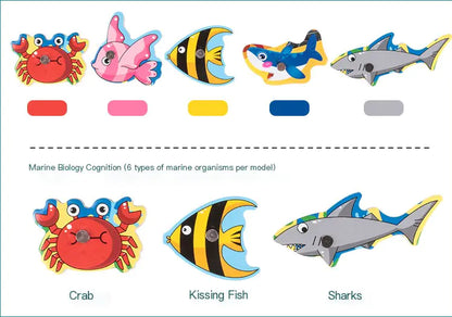 Colorful illustrations of marine organisms including a crab, kissing fish, and sharks on a white background.