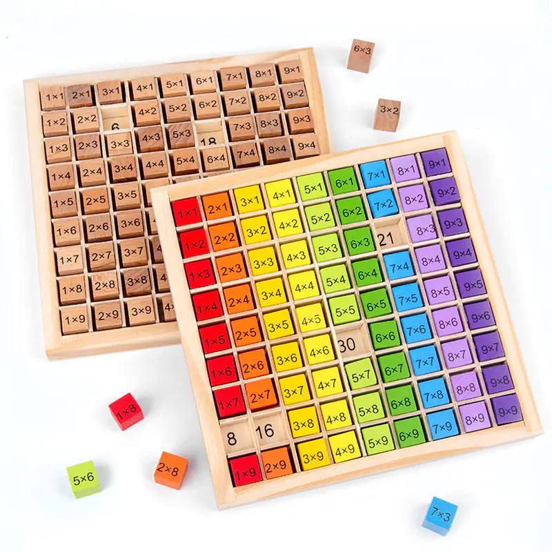 Wooden multiplication tables with colorful square blocks on a white background