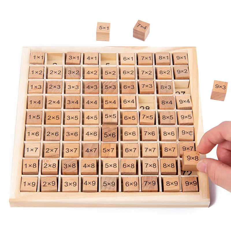 Wooden multiplication table with wooden blocks showing multiplication facts