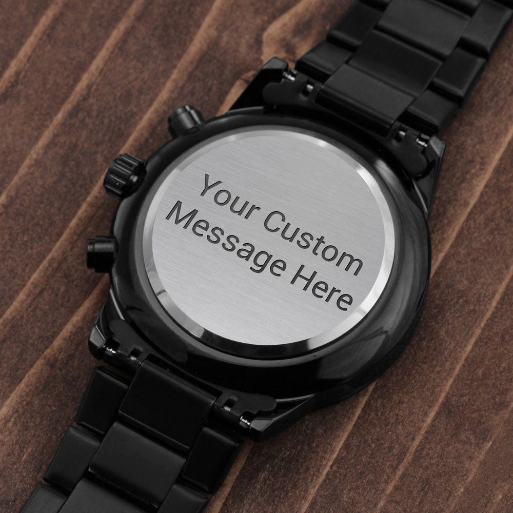 Black Chronograph Watch with Custom Text
