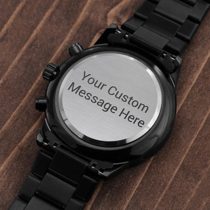 Black Chronograph Watch with Custom Text