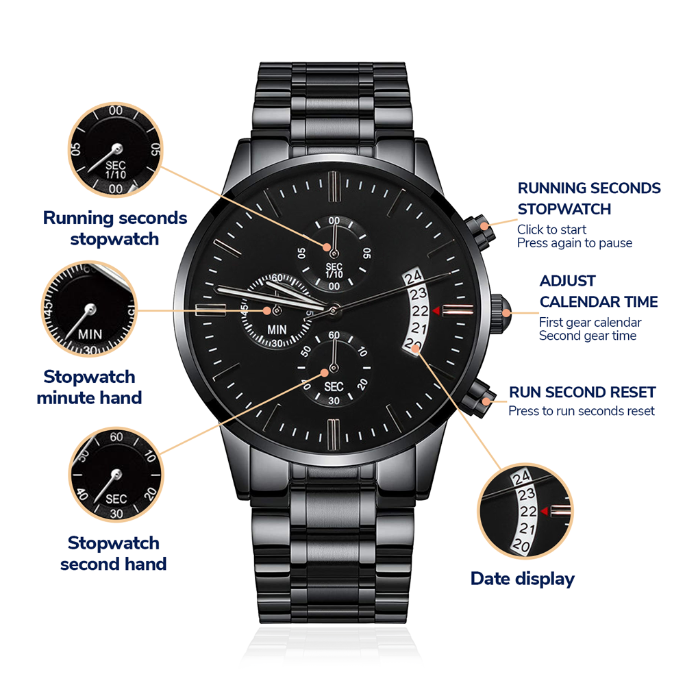 Black Chronograph Watch with Custom Text