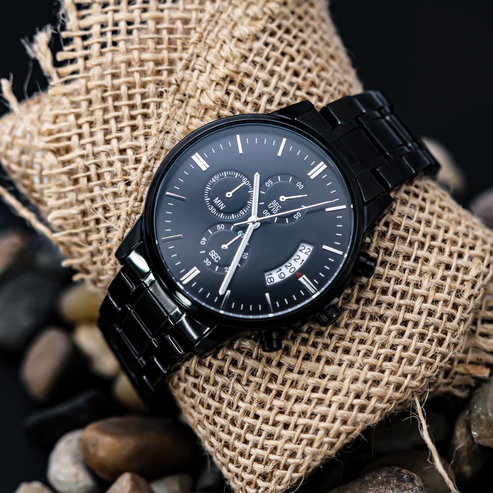 Black Chronograph Watch with Custom Text
