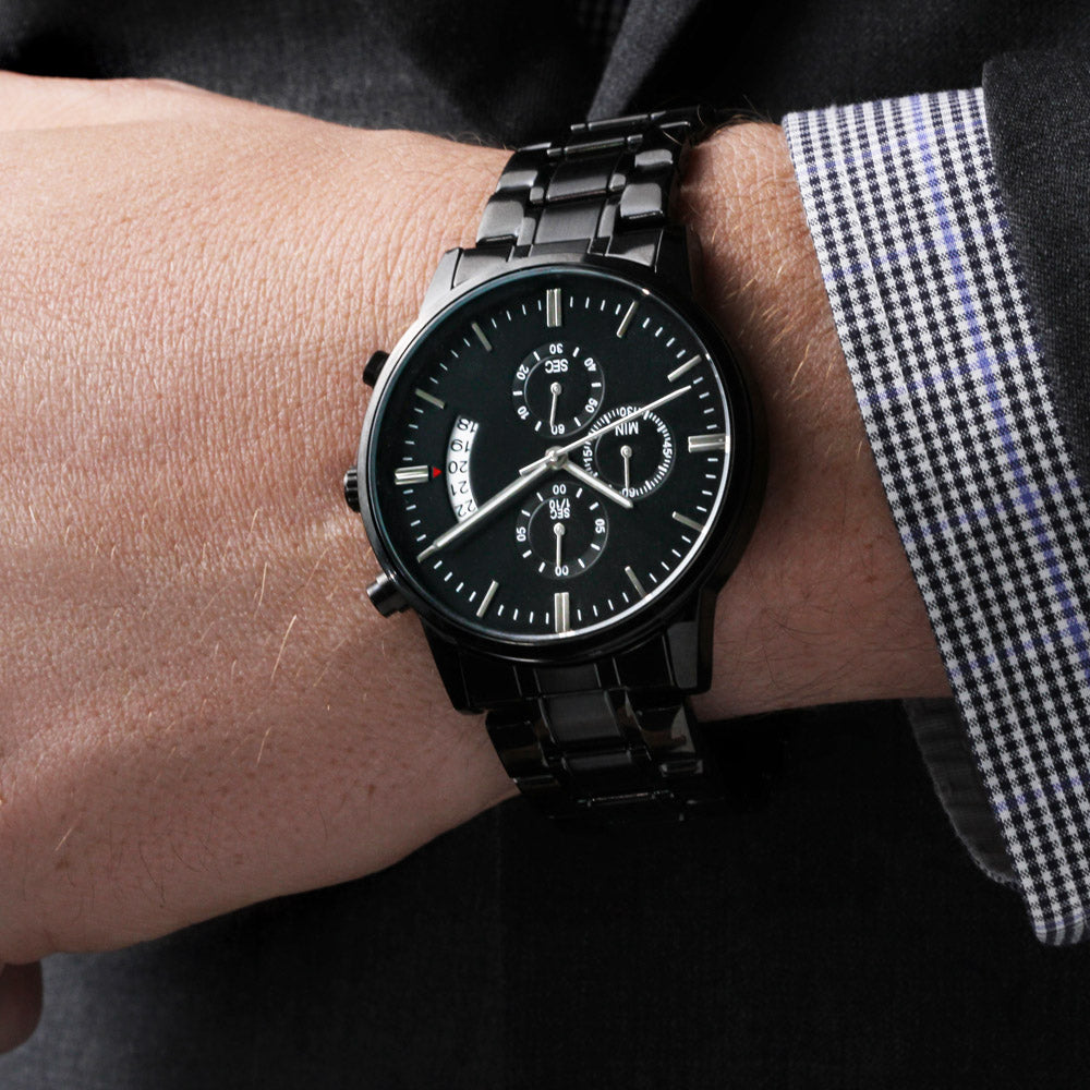 Black Chronograph Watch with Custom Text
