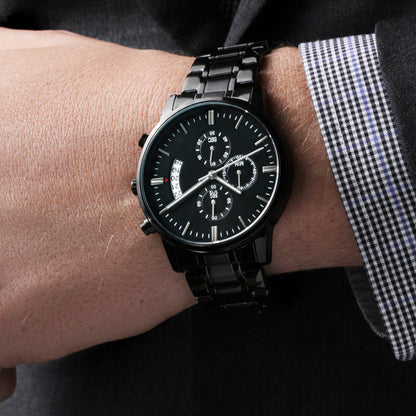 Black Chronograph Watch with Custom Text