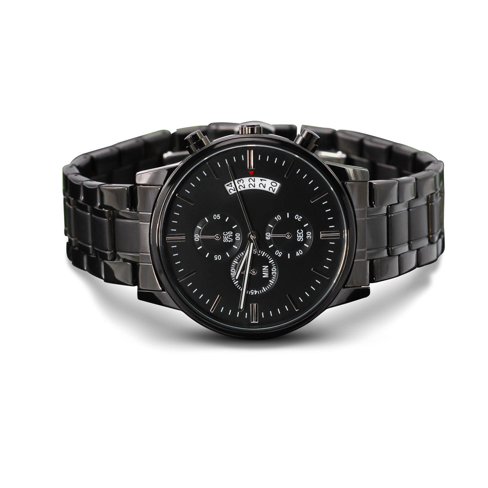 Black Chronograph Watch with Custom Text