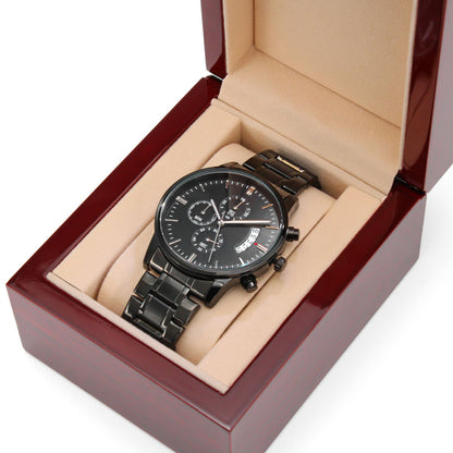 Black Chronograph Watch with Custom Text