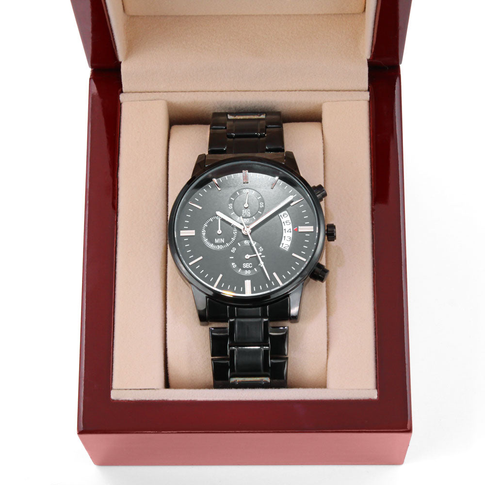 Black Chronograph Watch with Custom Text