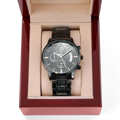 Black Chronograph Watch with Custom Text