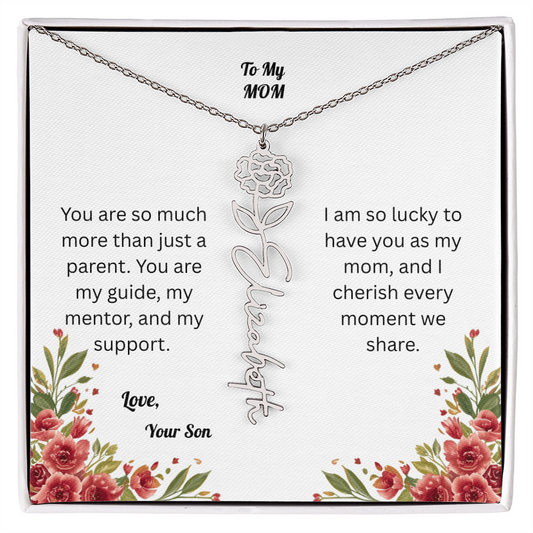The Mother's Day Garden: Custom Birth Flower and Name Necklace from Son