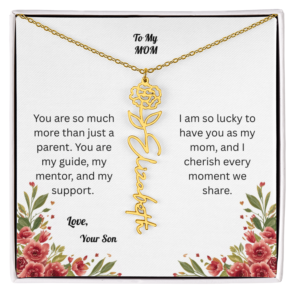 The Mother's Day Garden: Custom Birth Flower and Name Necklace from Son