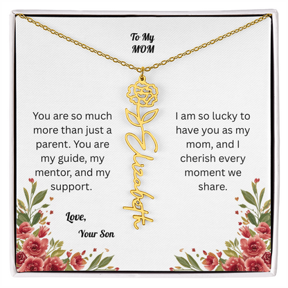 The Mother's Day Garden: Custom Birth Flower and Name Necklace from Son
