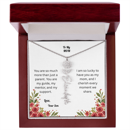 The Mother's Day Garden: Custom Birth Flower and Name Necklace from Son