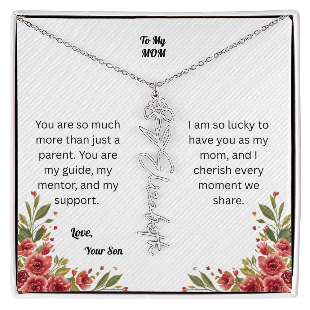 The Mother's Day Garden: Custom Birth Flower and Name Necklace from Son