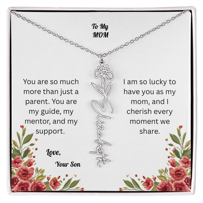 The Mother's Day Garden: Custom Birth Flower and Name Necklace from Son
