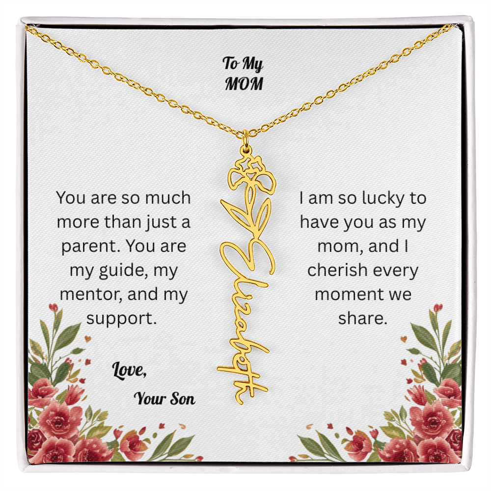 The Mother's Day Garden: Custom Birth Flower and Name Necklace from Son