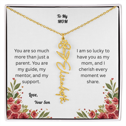 The Mother's Day Garden: Custom Birth Flower and Name Necklace from Son