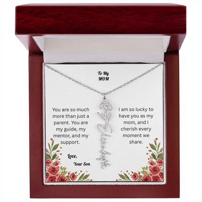 The Mother's Day Garden: Custom Birth Flower and Name Necklace from Son