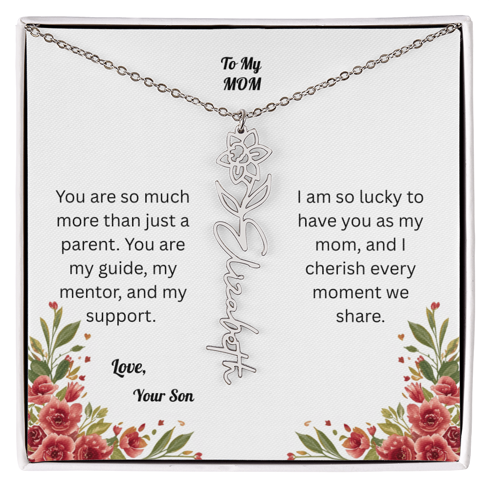 The Mother's Day Garden: Custom Birth Flower and Name Necklace from Son