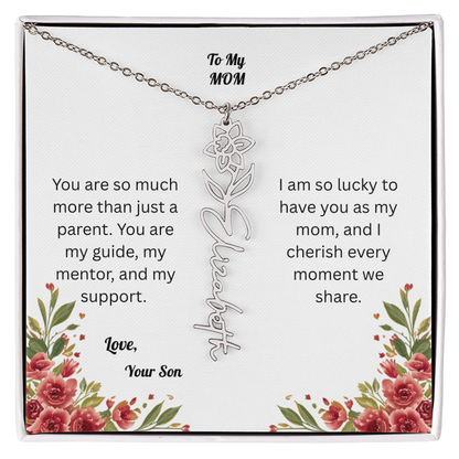 The Mother's Day Garden: Custom Birth Flower and Name Necklace from Son