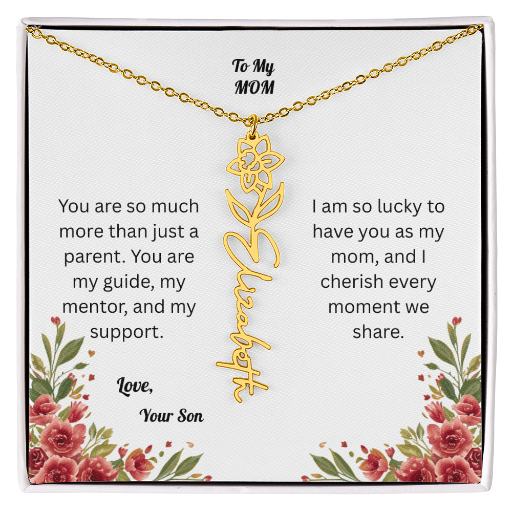 The Mother's Day Garden: Custom Birth Flower and Name Necklace from Son