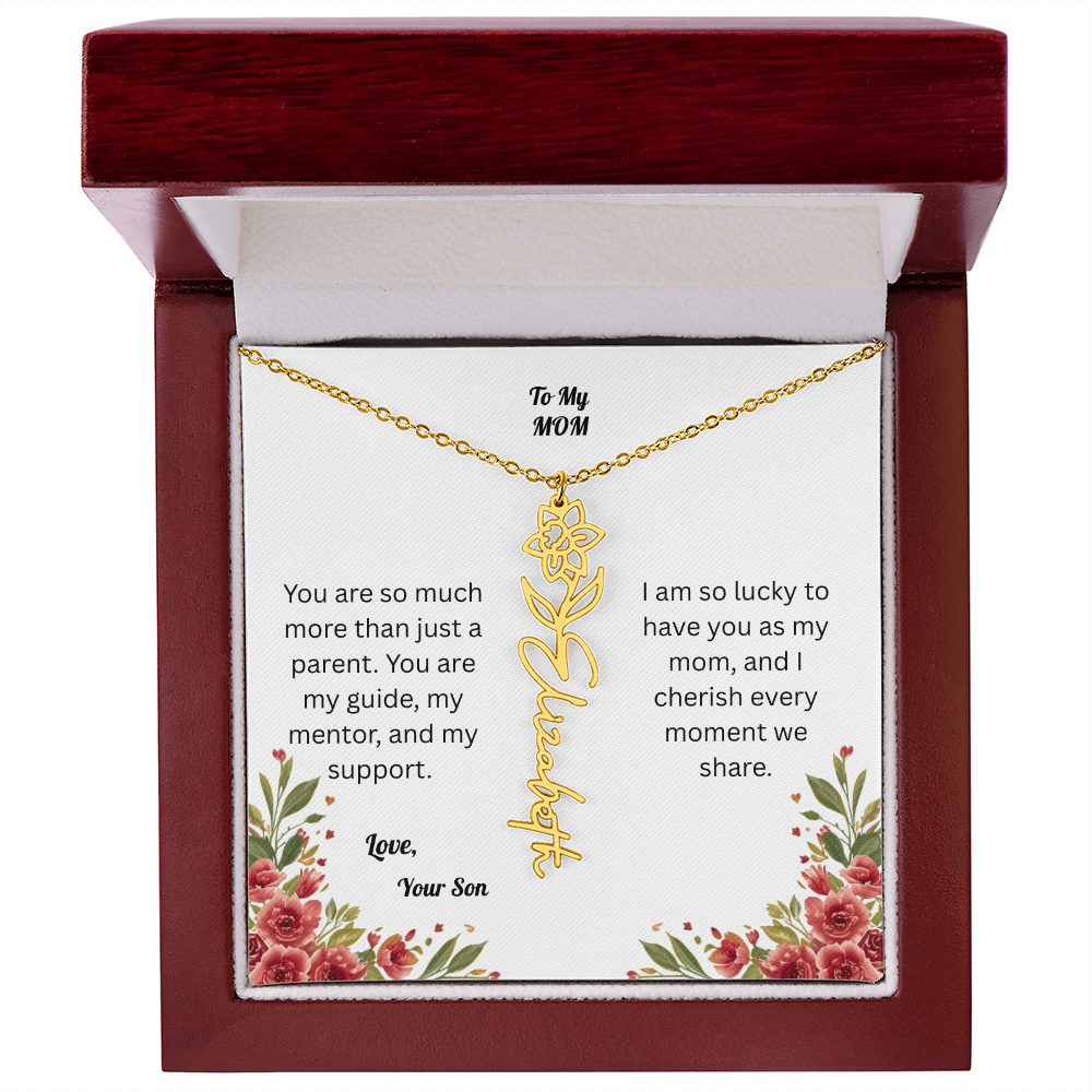 The Mother's Day Garden: Custom Birth Flower and Name Necklace from Son