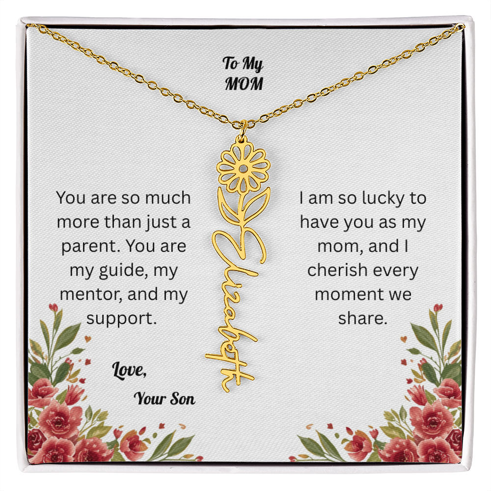The Mother's Day Garden: Custom Birth Flower and Name Necklace from Son