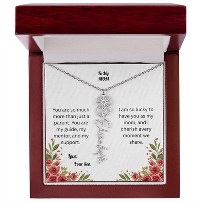 The Mother's Day Garden: Custom Birth Flower and Name Necklace from Son
