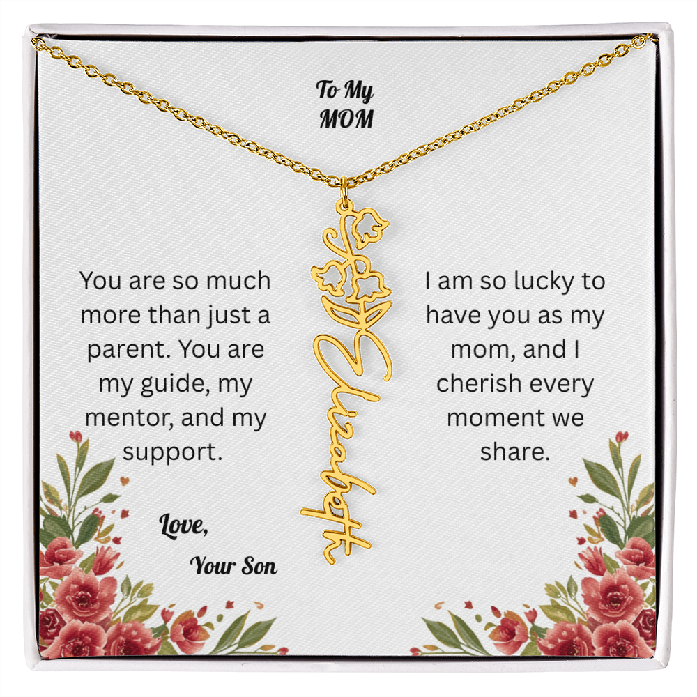 The Mother's Day Garden: Custom Birth Flower and Name Necklace from Son