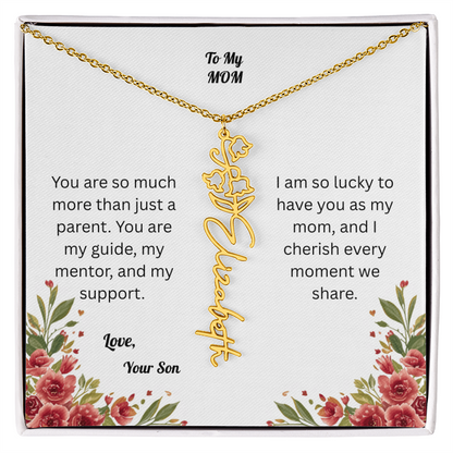 The Mother's Day Garden: Custom Birth Flower and Name Necklace from Son