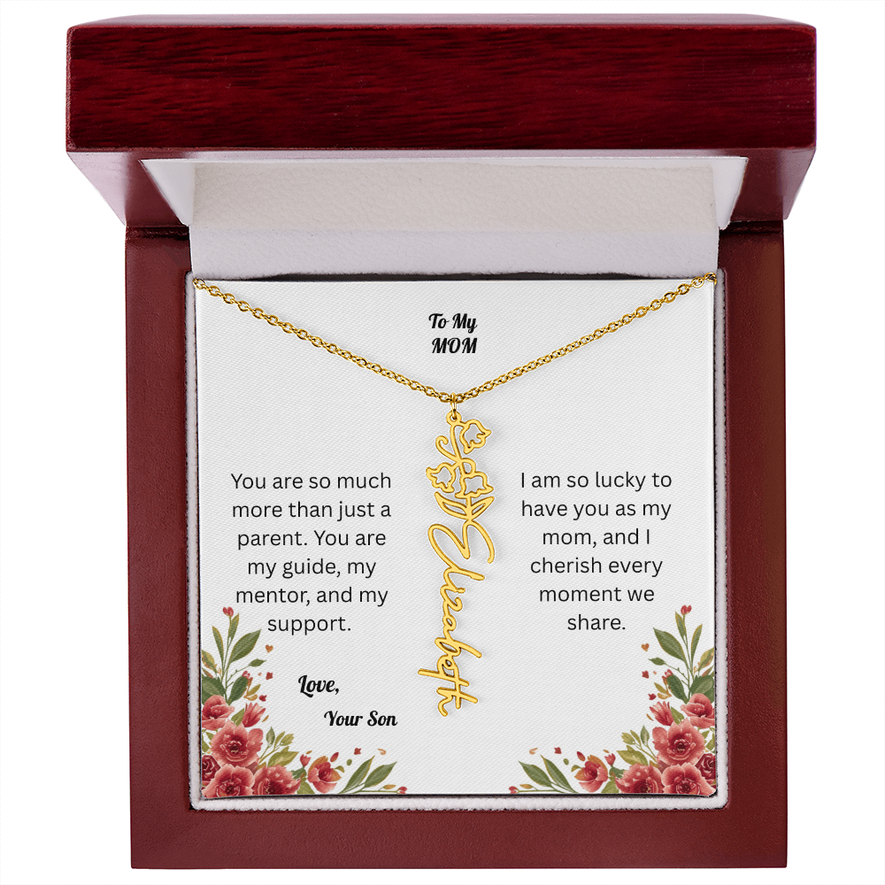 The Mother's Day Garden: Custom Birth Flower and Name Necklace from Son