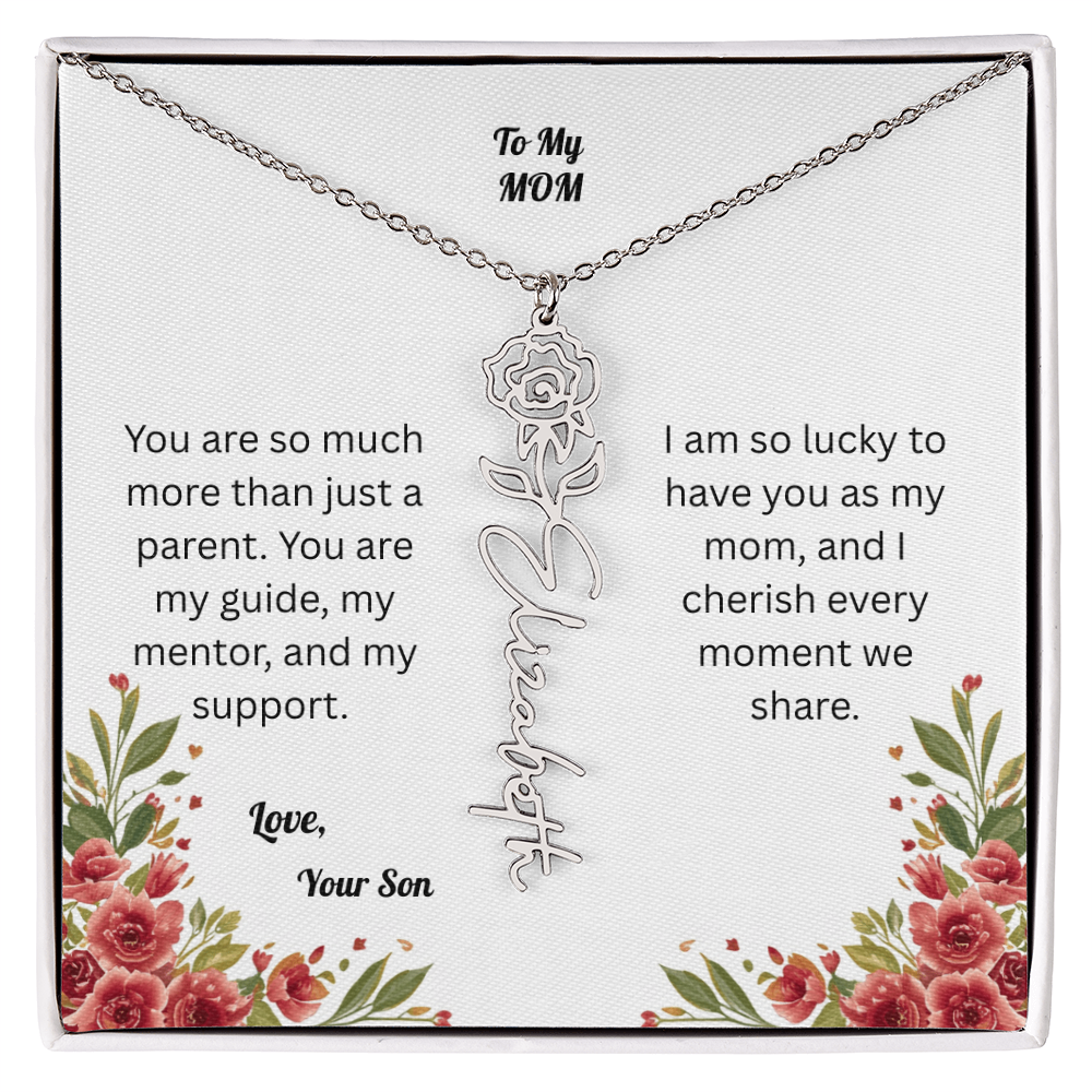 The Mother's Day Garden: Custom Birth Flower and Name Necklace from Son