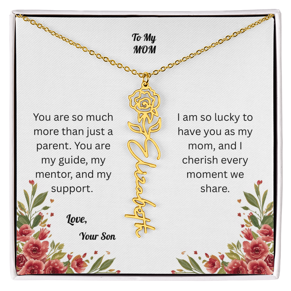 The Mother's Day Garden: Custom Birth Flower and Name Necklace from Son
