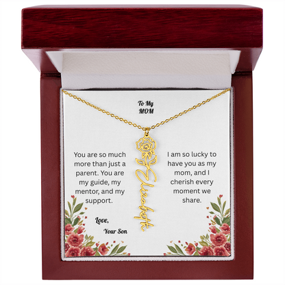 The Mother's Day Garden: Custom Birth Flower and Name Necklace from Son