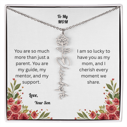 The Mother's Day Garden: Custom Birth Flower and Name Necklace from Son