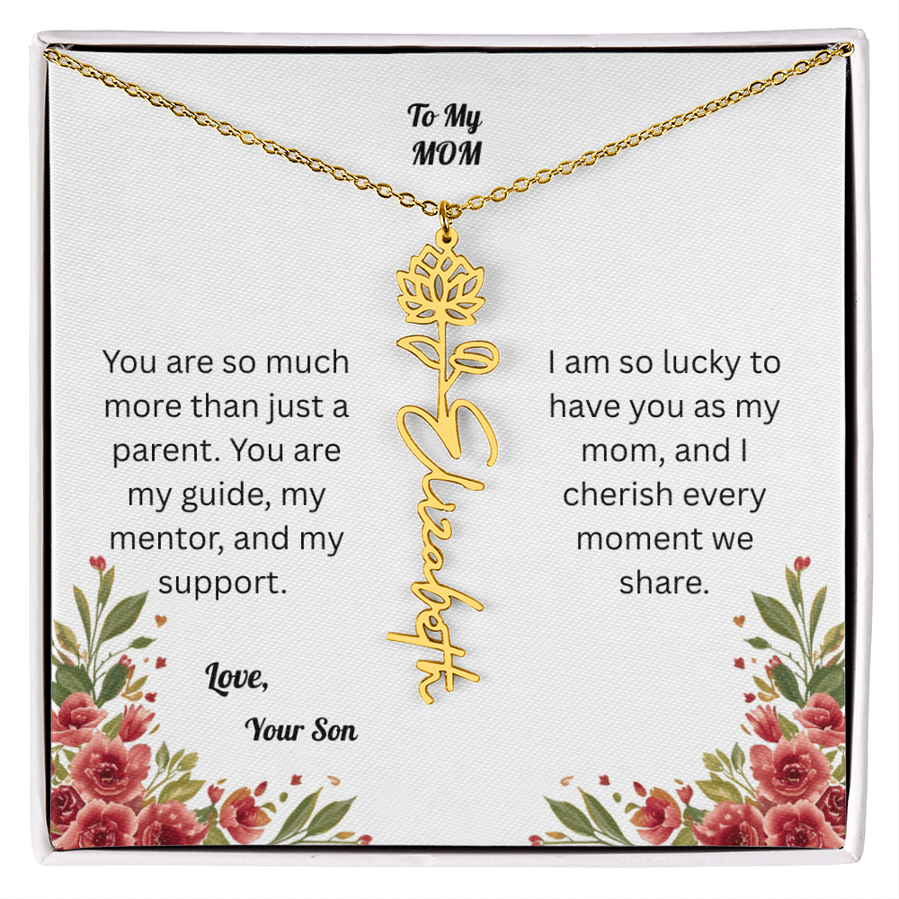 The Mother's Day Garden: Custom Birth Flower and Name Necklace from Son