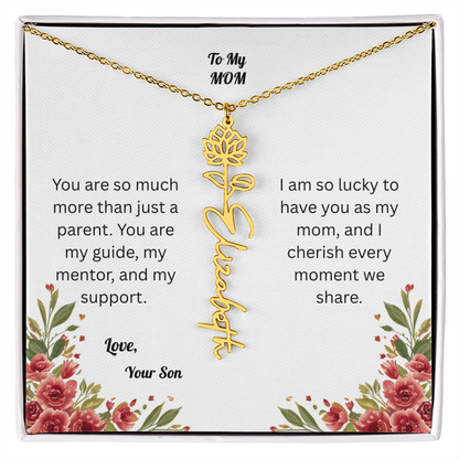 The Mother's Day Garden: Custom Birth Flower and Name Necklace from Son