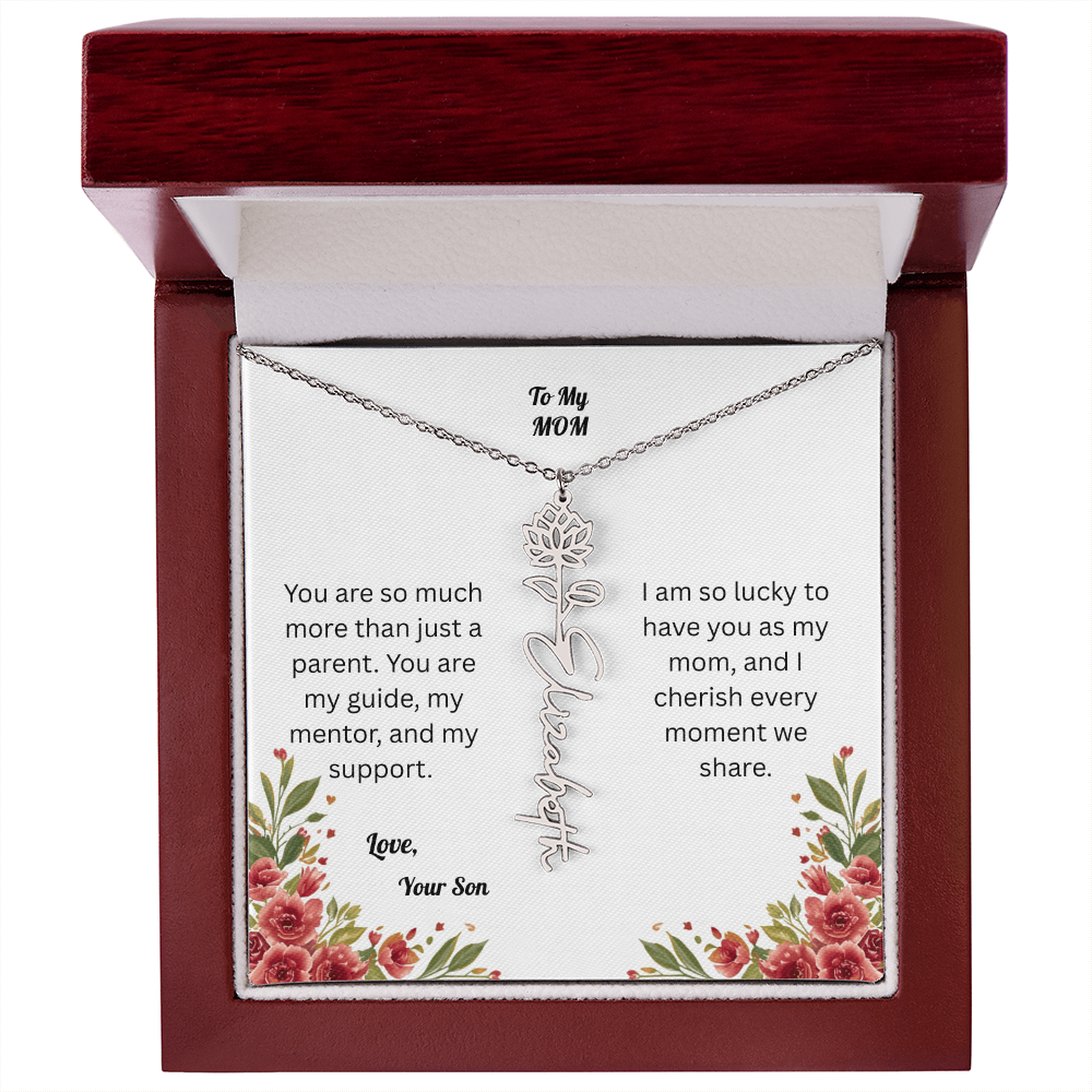 The Mother's Day Garden: Custom Birth Flower and Name Necklace from Son