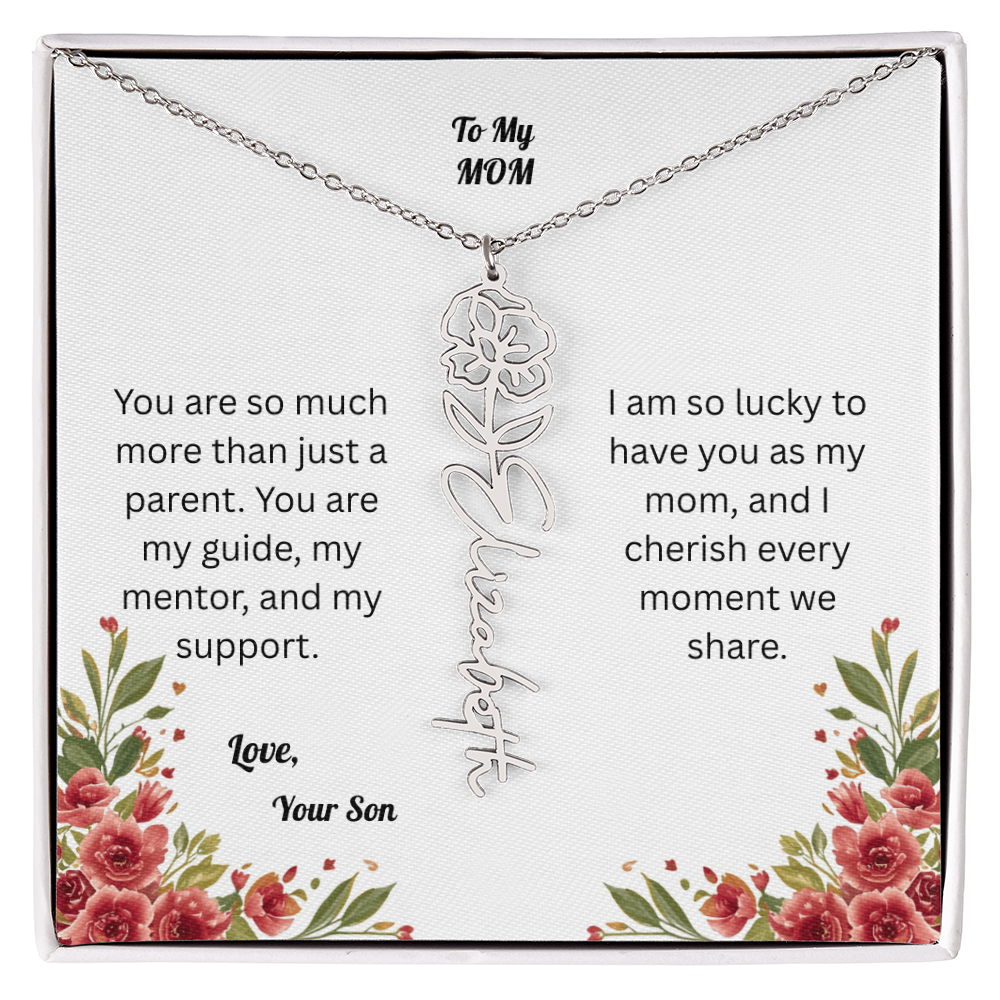 The Mother's Day Garden: Custom Birth Flower and Name Necklace from Son