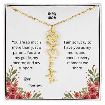 The Mother's Day Garden: Custom Birth Flower and Name Necklace from Son