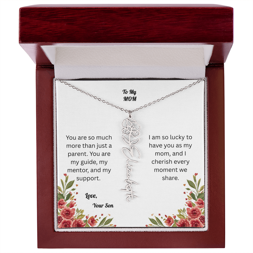 The Mother's Day Garden: Custom Birth Flower and Name Necklace from Son